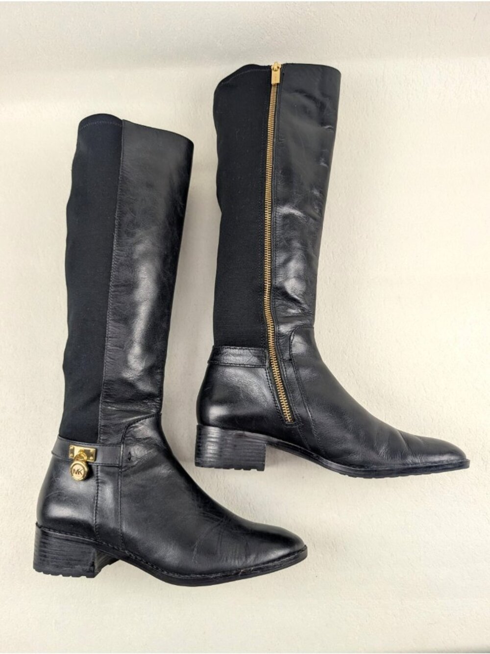 Michael Kors Hamilton Tall Boot Womens 8 Black Leather Gold Zipper Riding Winter